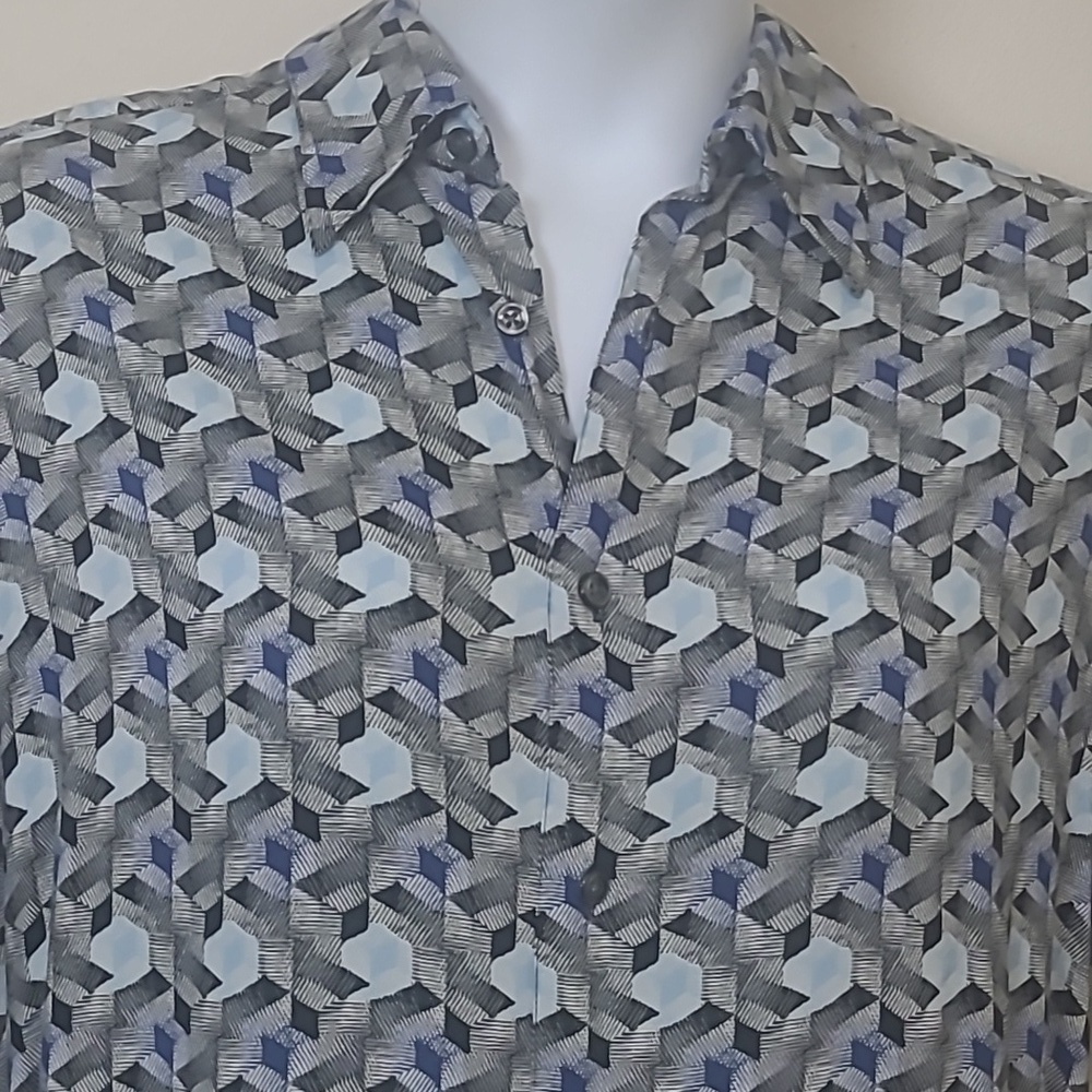 Claiborne Men's button down shirt short sleeve blue black geometric print EUC - Picture 2 of 5